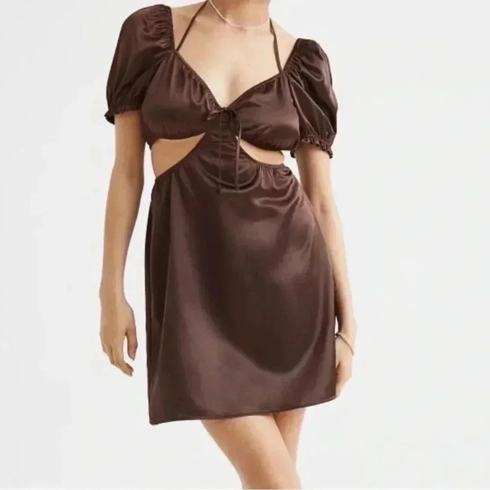 NWT H&M satin puff sleeve mocha brown mini dress S